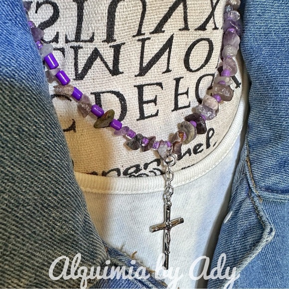 Purple amethyst Beaded Necklace with Cross Pendant